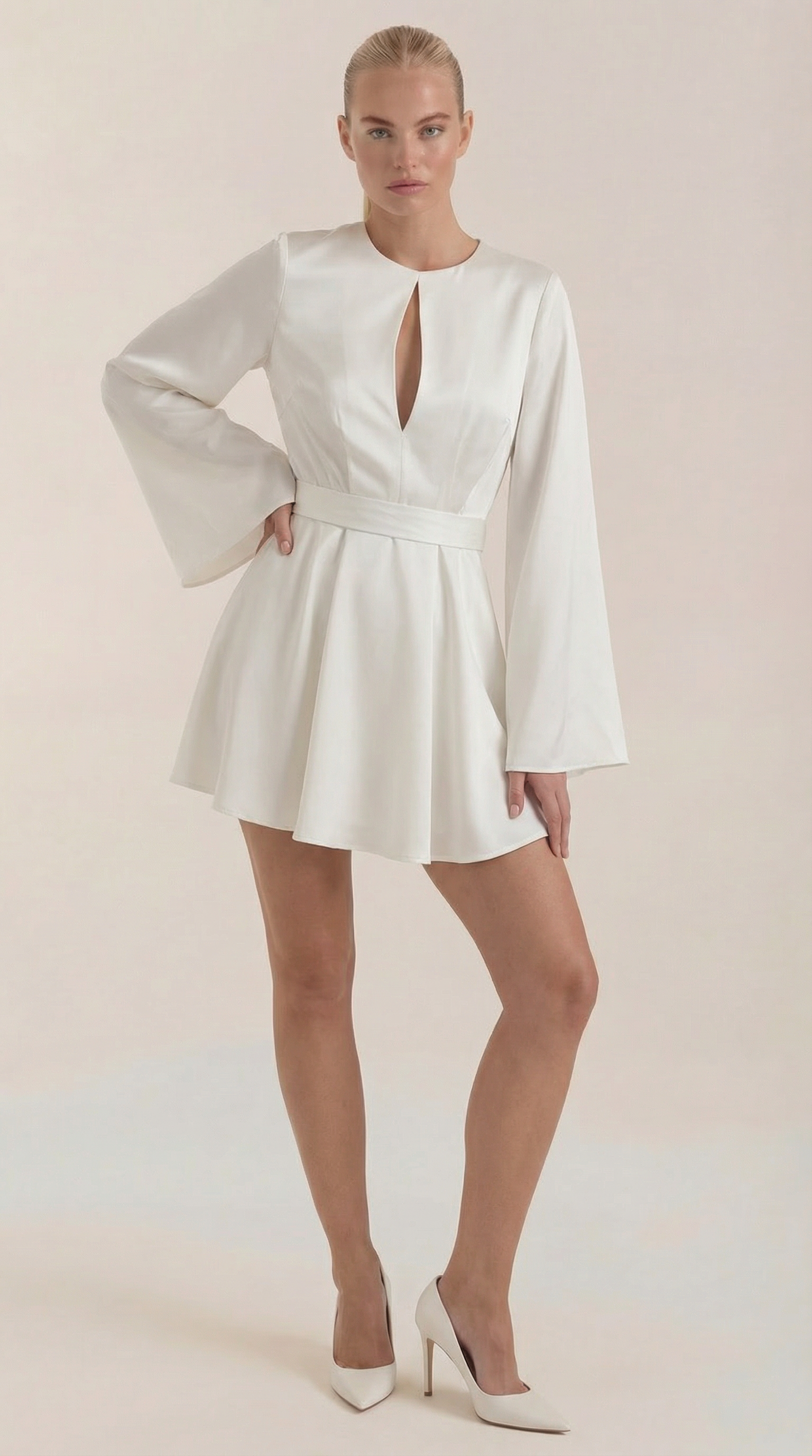 Serena Flowy Mini Dress – Cinched Waist Bell Sleeve Casual Chic Dress