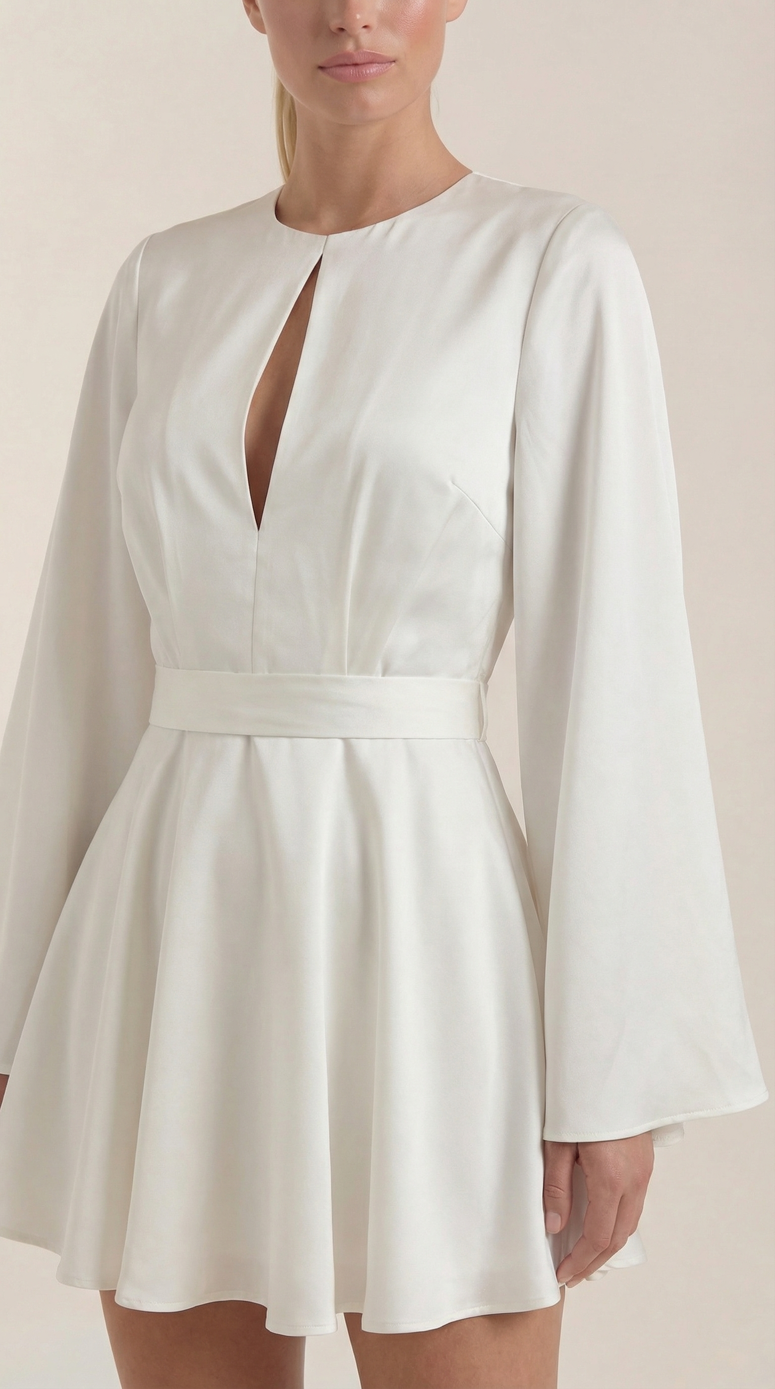 Serena Flowy Mini Dress – Cinched Waist Bell Sleeve Casual Chic Dress