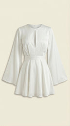 Serena Flowy Mini Dress – Cinched Waist Bell Sleeve Casual Chic Dress