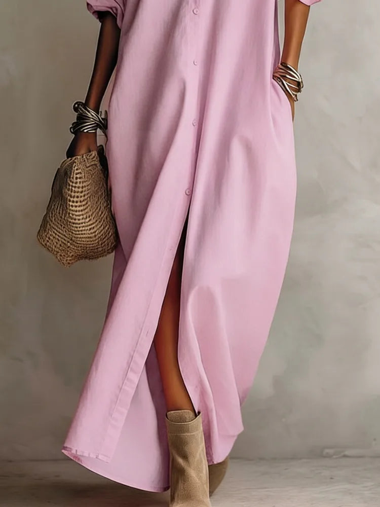 Women’s Minimalist Shirt Maxi Dress – Long Sleeve Buttoned Lapel Dress with Pockets