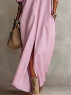 Women’s Minimalist Shirt Maxi Dress – Long Sleeve Buttoned Lapel Dress with Pockets