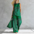 Women’s Geometric Striped Two-Piece Set – Sleeveless O-Neck Asymmetrical Hem Vest Top & Wide-Leg Pants Matching Outfit