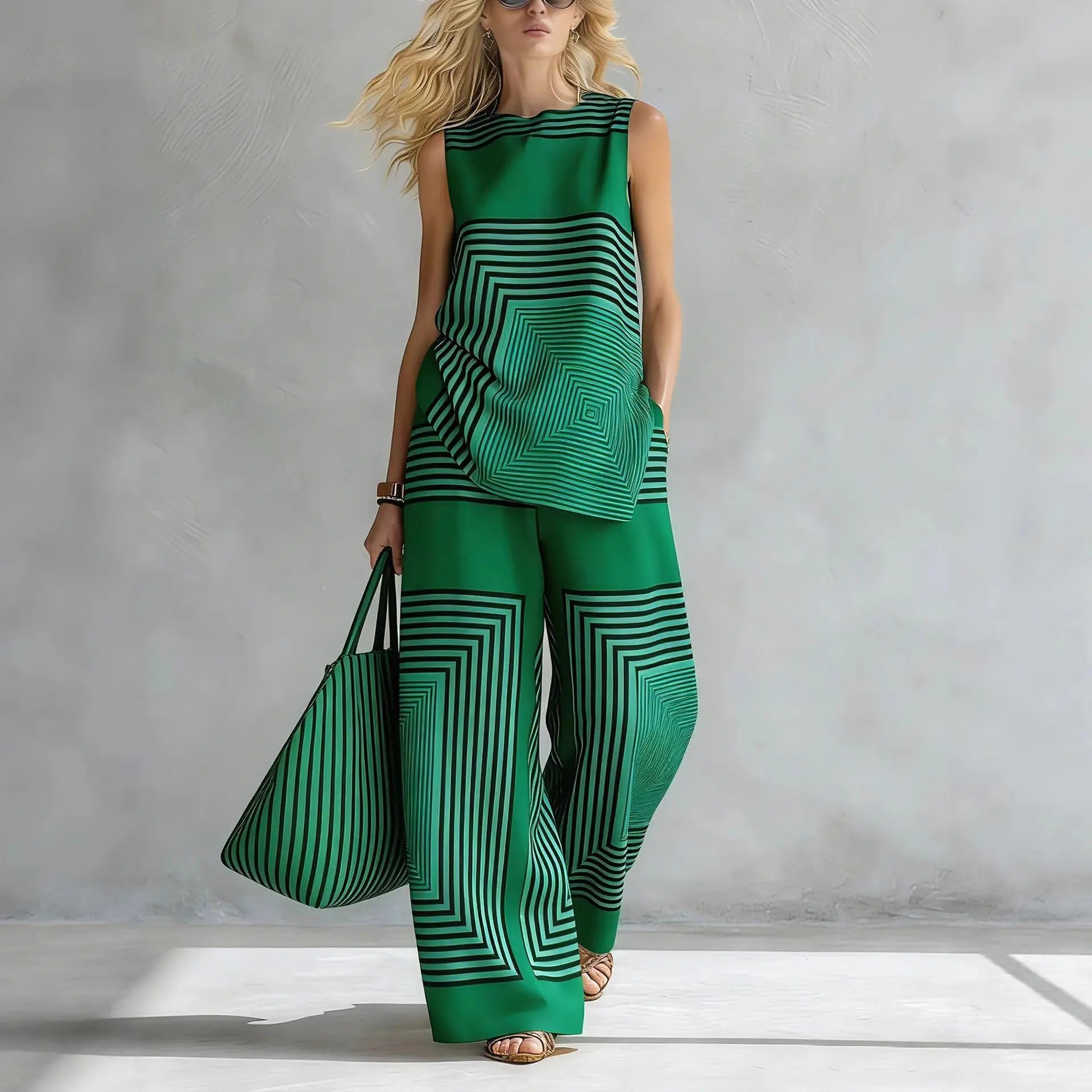 Women’s Geometric Striped Two-Piece Set – Sleeveless O-Neck Asymmetrical Hem Vest Top & Wide-Leg Pants Matching Outfit