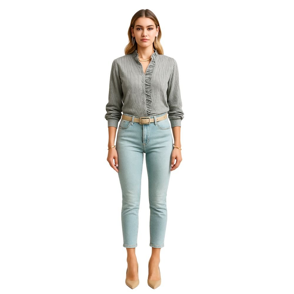 Women’s Cotton Ruffle Collar Bishop Sleeve Blouse – Elegant Long Sleeve Button Down Shirt for Work, Brunch & Smart Casual Outfits