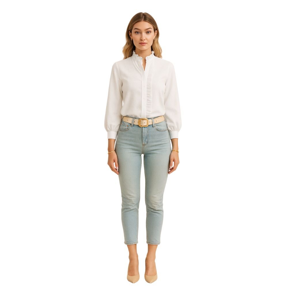 Women’s Cotton Ruffle Collar Bishop Sleeve Blouse – Elegant Long Sleeve Button Down Shirt for Work, Brunch & Smart Casual Outfits