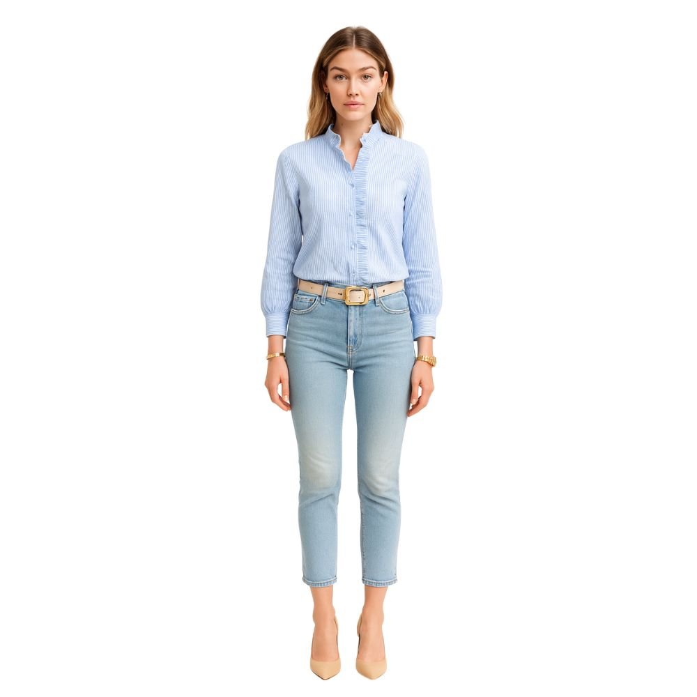 Women’s Cotton Ruffle Collar Bishop Sleeve Blouse – Elegant Long Sleeve Button Down Shirt for Work, Brunch & Smart Casual Outfits