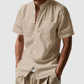 Men’s Linen Mandarin Collar Shirt – Short Sleeve Relaxed Summer Essential