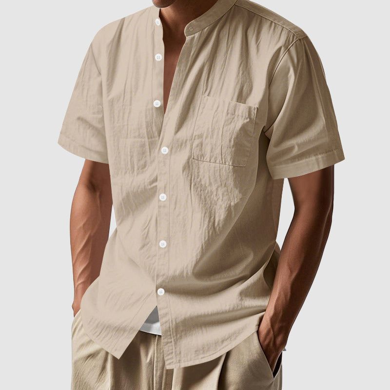 Men’s Linen Mandarin Collar Shirt – Short Sleeve Relaxed Summer Essential