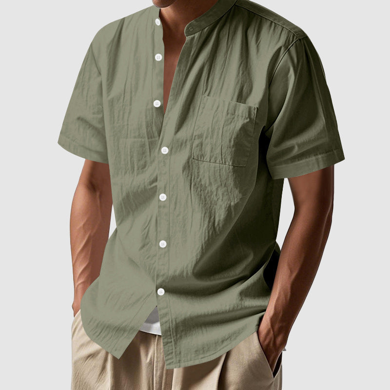 Men’s Linen Mandarin Collar Shirt – Short Sleeve Relaxed Summer Essential