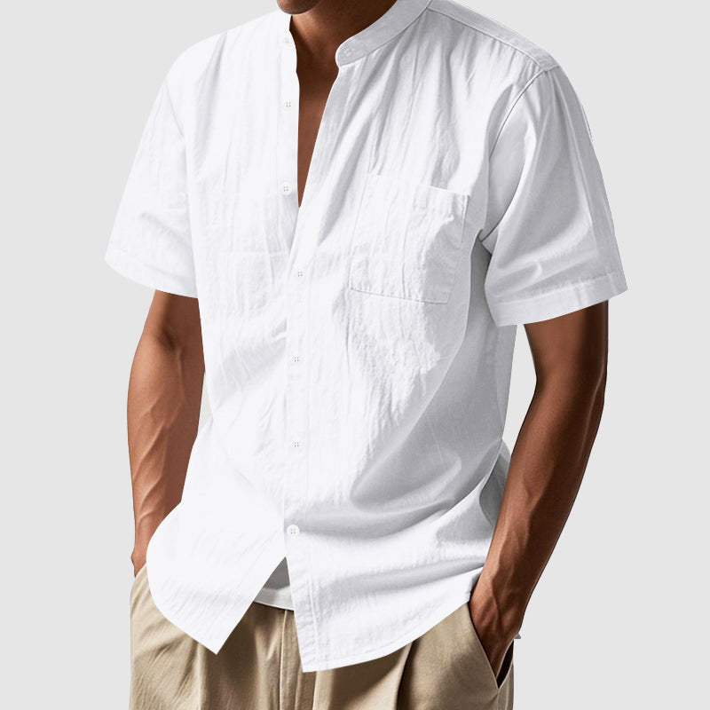 Men’s Linen Mandarin Collar Shirt – Short Sleeve Relaxed Summer Essential