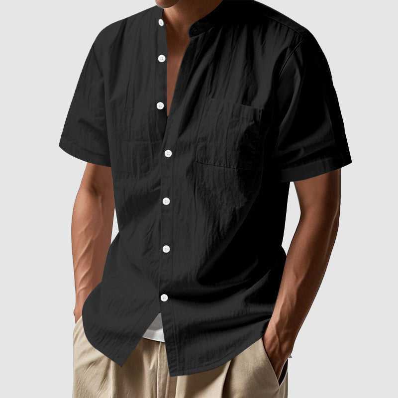 Men’s Linen Mandarin Collar Shirt – Short Sleeve Relaxed Summer Essential
