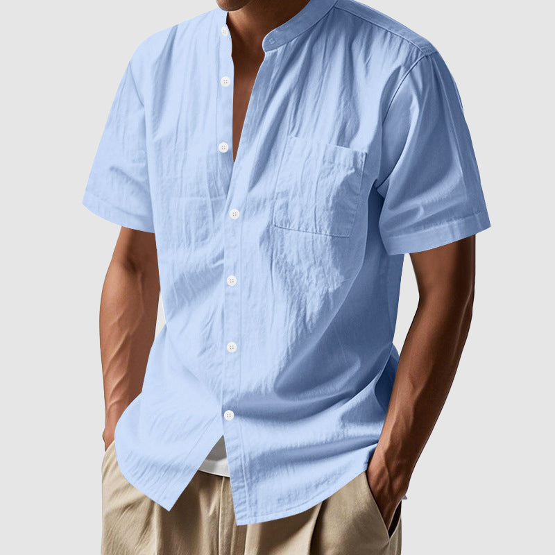 Men’s Linen Mandarin Collar Shirt – Short Sleeve Relaxed Summer Essential