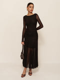 Women’s Sheer Mesh Ruched Maxi Dress – Long Sleeve Pleated Hem Bodycon Dress