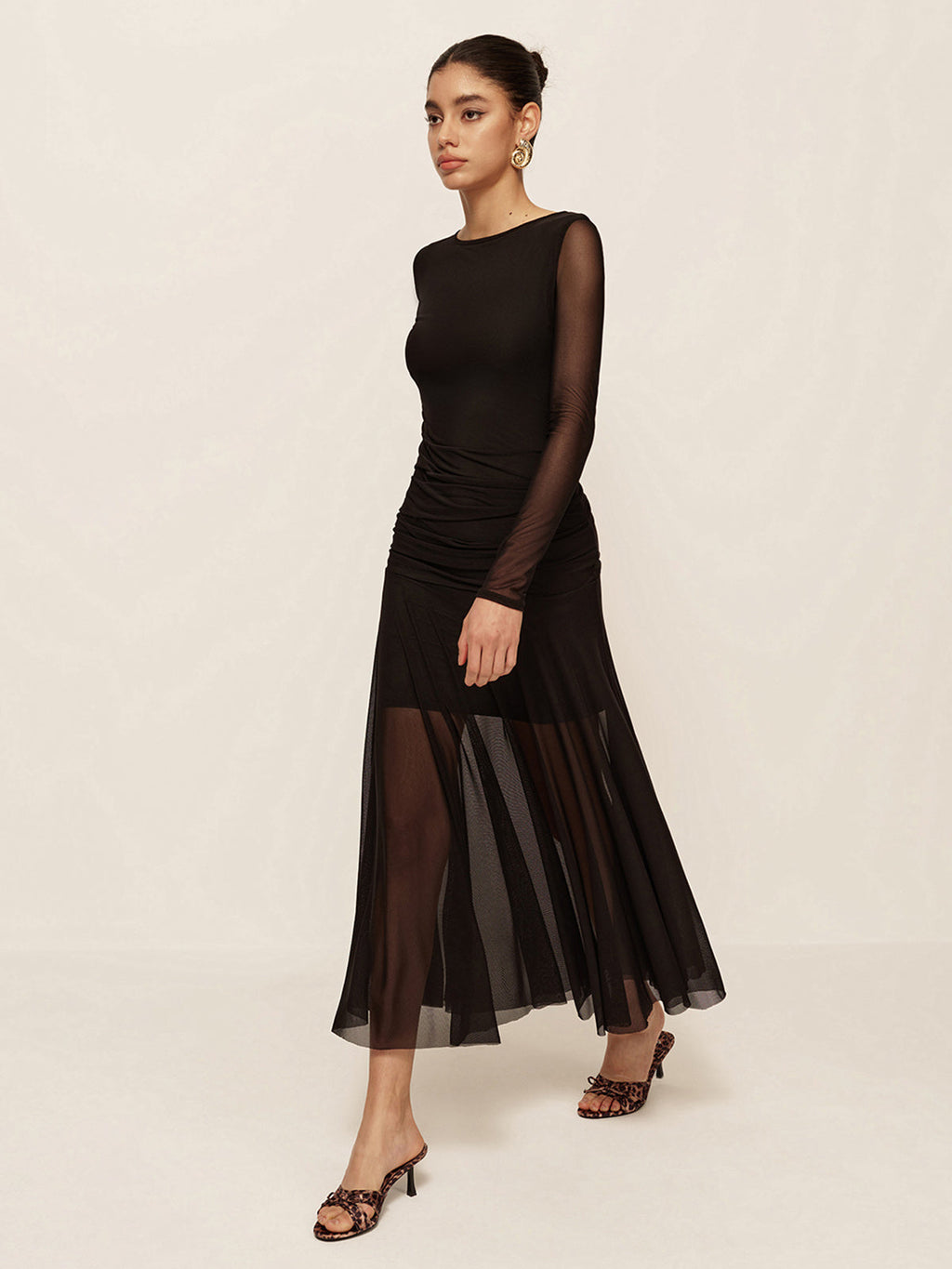 Women’s Sheer Mesh Ruched Maxi Dress – Long Sleeve Pleated Hem Bodycon Dress