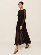 Women’s Sheer Mesh Ruched Maxi Dress – Long Sleeve Pleated Hem Bodycon Dress