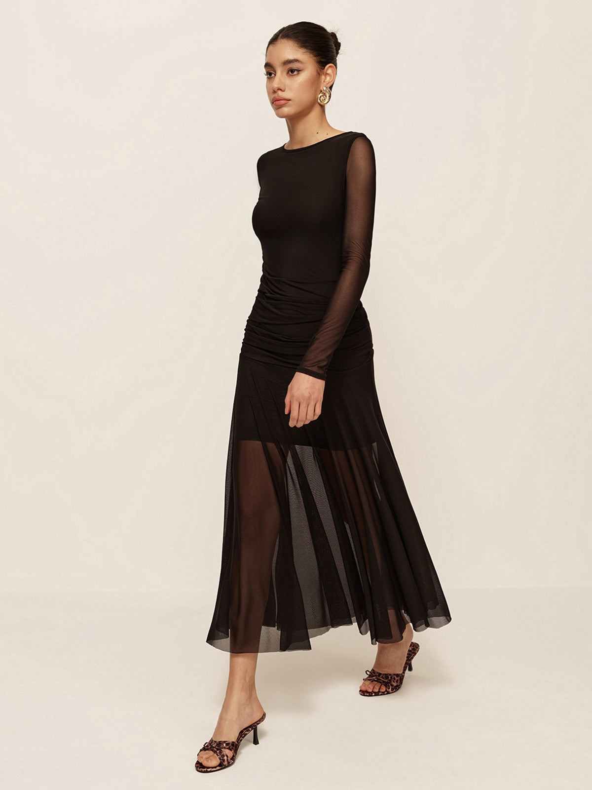 Women’s Sheer Mesh Ruched Maxi Dress – Long Sleeve Pleated Hem Bodycon Dress