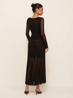 Women’s Sheer Mesh Ruched Maxi Dress – Long Sleeve Pleated Hem Bodycon Dress