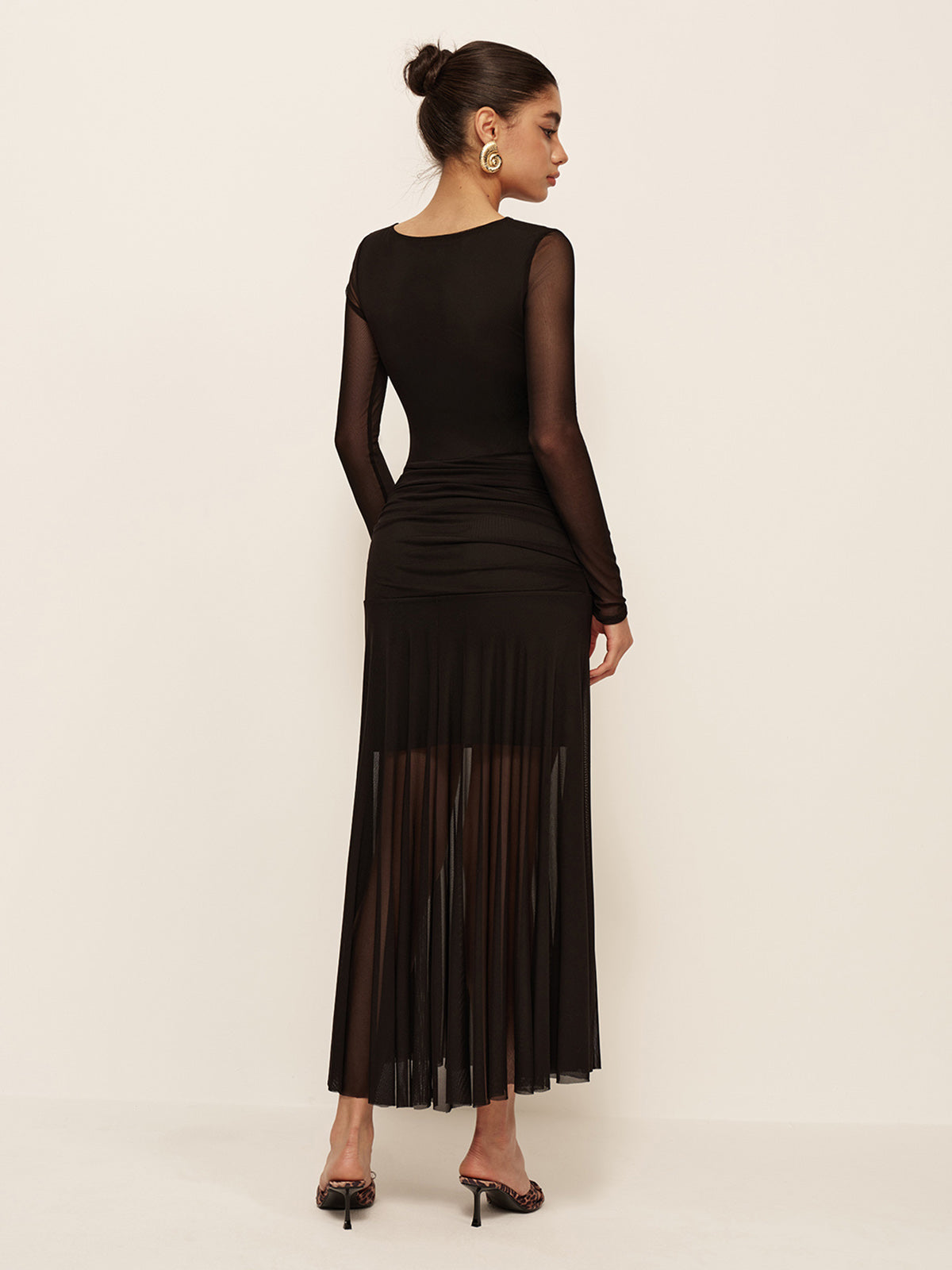 Women’s Sheer Mesh Ruched Maxi Dress – Long Sleeve Pleated Hem Bodycon Dress