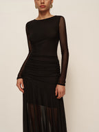 Women’s Sheer Mesh Ruched Maxi Dress – Long Sleeve Pleated Hem Bodycon Dress