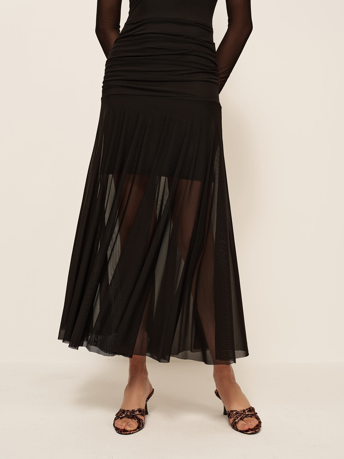 Women’s Sheer Mesh Ruched Maxi Dress – Long Sleeve Pleated Hem Bodycon Dress