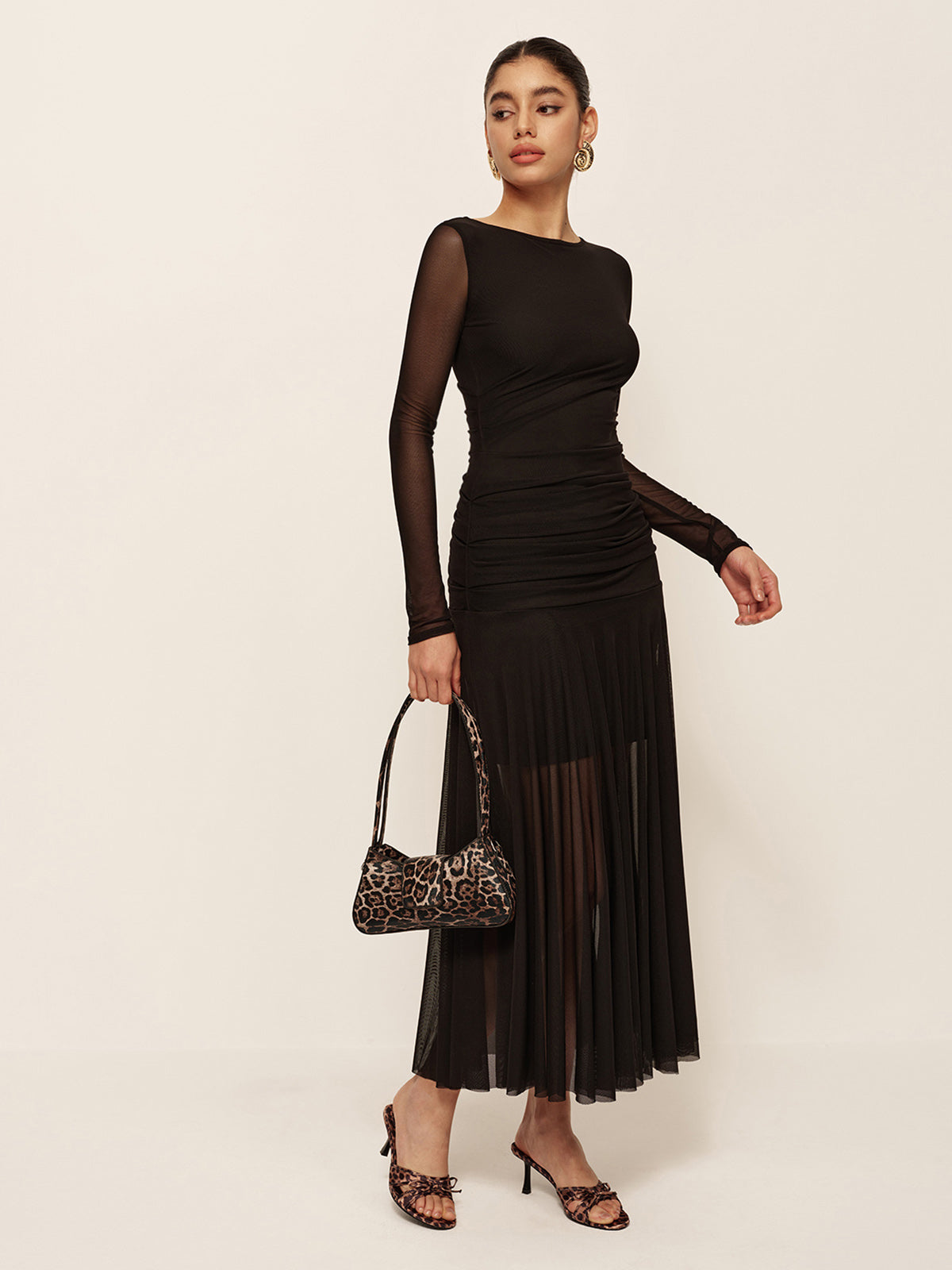 Women’s Sheer Mesh Ruched Maxi Dress – Long Sleeve Pleated Hem Bodycon Dress