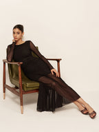 Women’s Sheer Mesh Ruched Maxi Dress – Long Sleeve Pleated Hem Bodycon Dress
