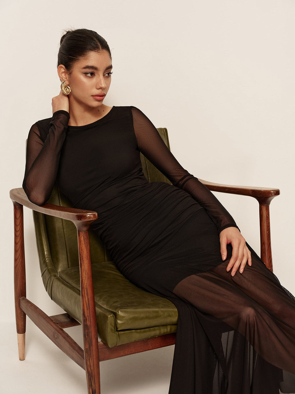 Women’s Sheer Mesh Ruched Maxi Dress – Long Sleeve Pleated Hem Bodycon Dress