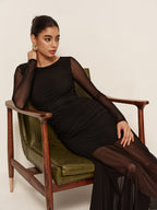 Women’s Sheer Mesh Ruched Maxi Dress – Long Sleeve Pleated Hem Bodycon Dress