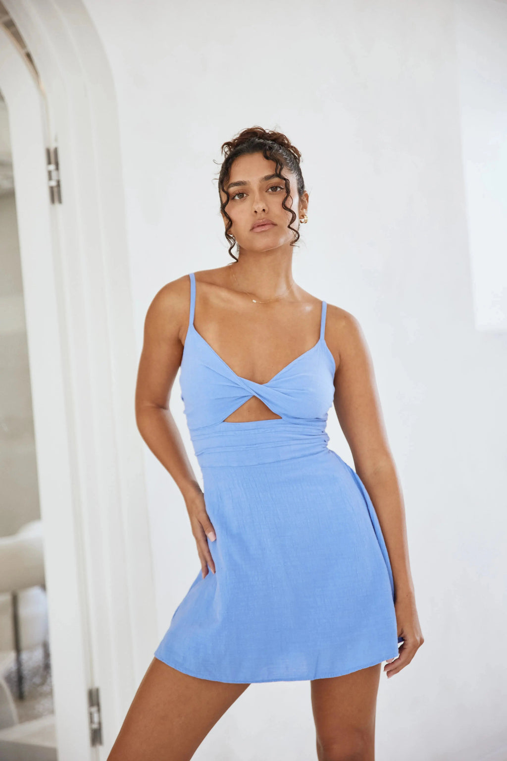 Twist Front Cutout Spaghetti Strap Mini Dress in Periwinkle Blue