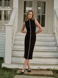 Women’s Contrast Binding Knit Maxi Dress – Slim Fit High Stretch Elegant Casual Vacation Dress