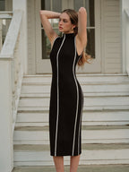 Women’s Contrast Binding Knit Maxi Dress – Slim Fit High Stretch Elegant Casual Vacation Dress