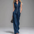 Women’s Sleeveless Denim Cargo Jumpsuit – High Waist Wide Leg Ankle-Length Casual Utility Romper