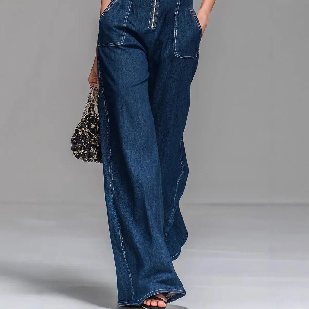 Women’s Sleeveless Denim Cargo Jumpsuit – High Waist Wide Leg Ankle-Length Casual Utility Romper