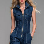 Women’s Sleeveless Denim Cargo Jumpsuit – High Waist Wide Leg Ankle-Length Casual Utility Romper