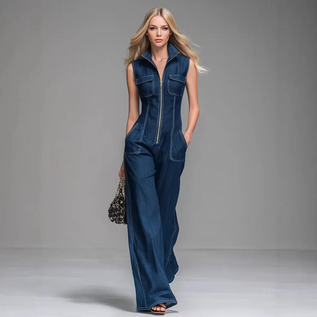 Women’s Sleeveless Denim Cargo Jumpsuit – High Waist Wide Leg Ankle-Length Casual Utility Romper