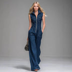 Women’s Sleeveless Denim Cargo Jumpsuit – High Waist Wide Leg Ankle-Length Casual Utility Romper