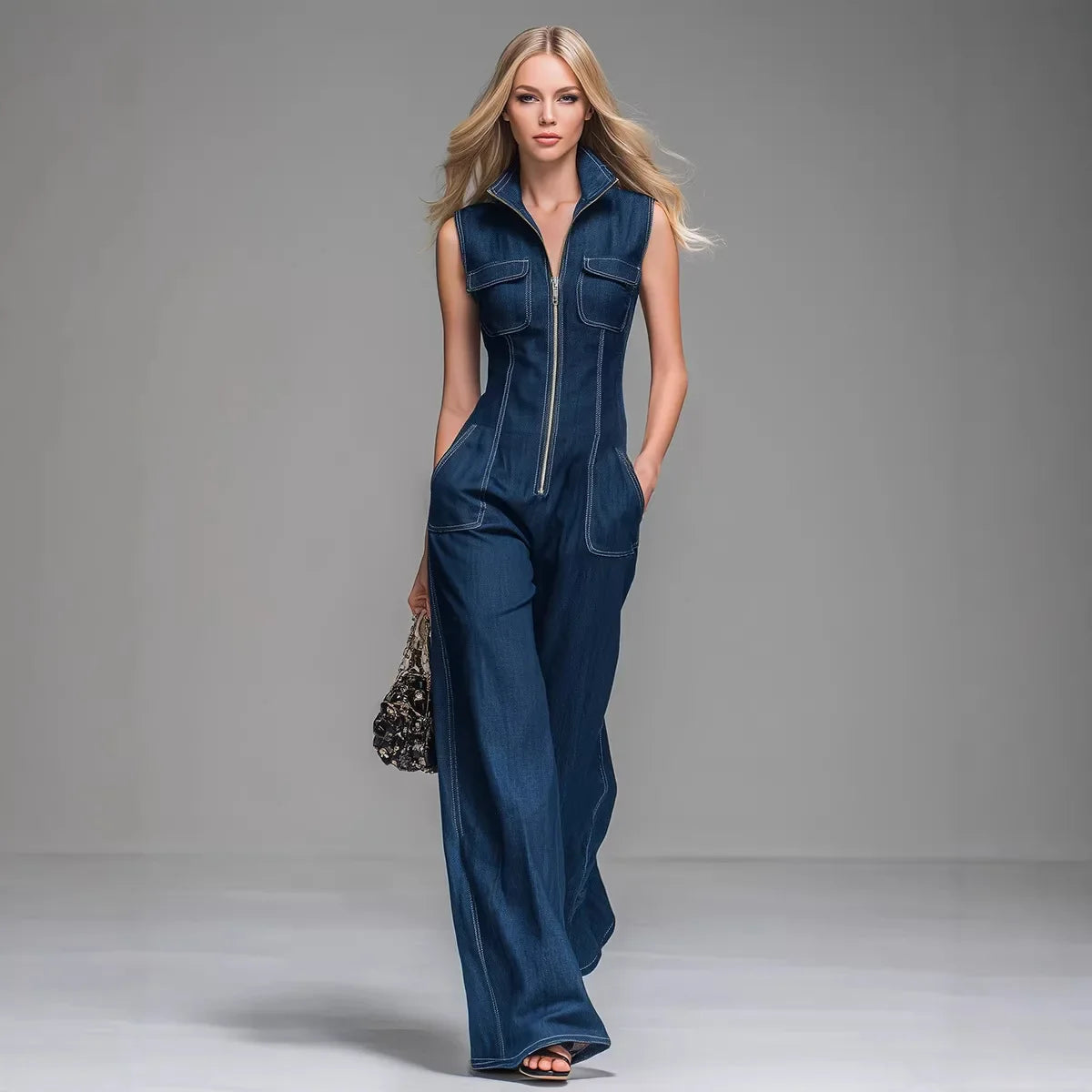 Women’s Sleeveless Denim Cargo Jumpsuit – High Waist Wide Leg Ankle-Length Casual Utility Romper