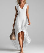 Women’s Sleeveless V-Neck High-Low Dress – Elegant Asymmetrical Ruffle Hem Flowing Midi Dress