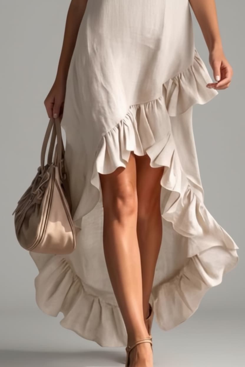 Women’s Sleeveless V-Neck High-Low Dress – Elegant Asymmetrical Ruffle Hem Flowing Midi Dress