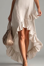 Women’s Sleeveless V-Neck High-Low Dress – Elegant Asymmetrical Ruffle Hem Flowing Midi Dress