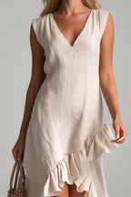 Women’s Sleeveless V-Neck High-Low Dress – Elegant Asymmetrical Ruffle Hem Flowing Midi Dress