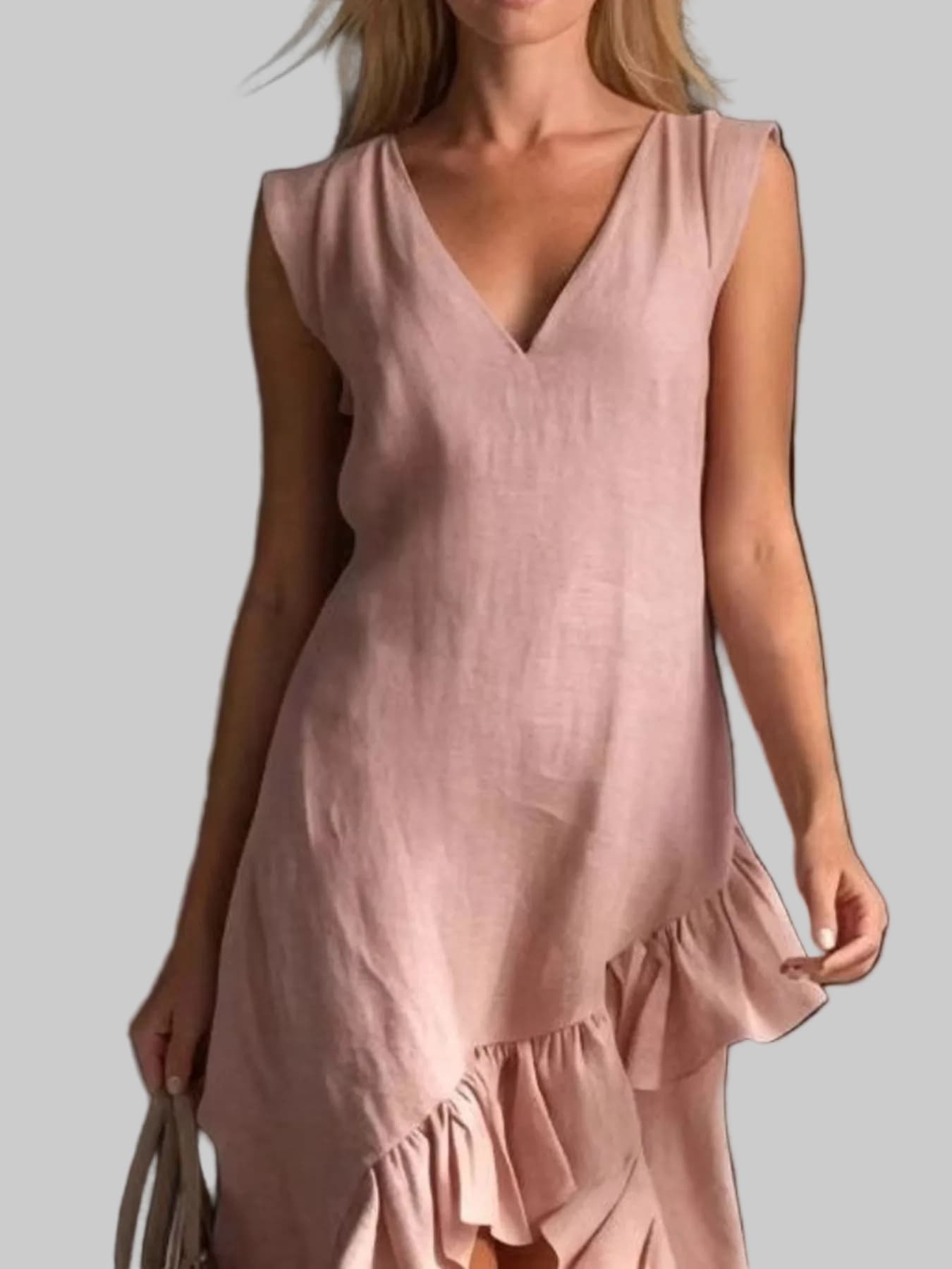 Women’s Sleeveless V-Neck High-Low Dress – Elegant Asymmetrical Ruffle Hem Flowing Midi Dress