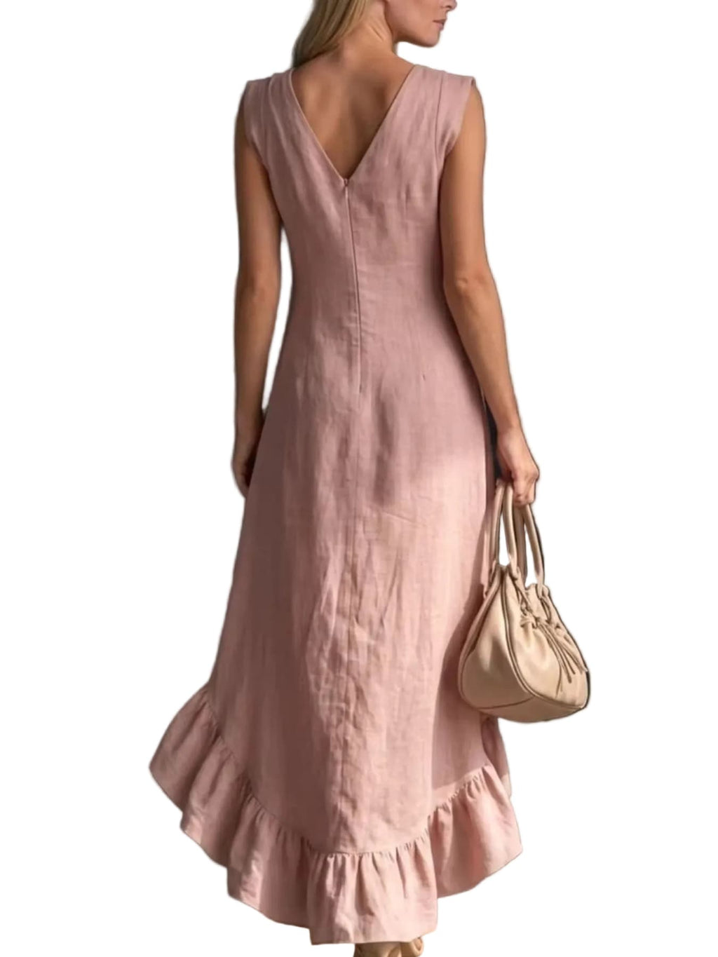 Women’s Sleeveless V-Neck High-Low Dress – Elegant Asymmetrical Ruffle Hem Flowing Midi Dress