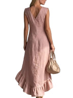 Women’s Sleeveless V-Neck High-Low Dress – Elegant Asymmetrical Ruffle Hem Flowing Midi Dress