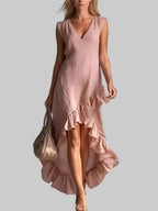 Women’s Sleeveless V-Neck High-Low Dress – Elegant Asymmetrical Ruffle Hem Flowing Midi Dress