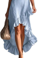 Women’s Sleeveless V-Neck High-Low Dress – Elegant Asymmetrical Ruffle Hem Flowing Midi Dress