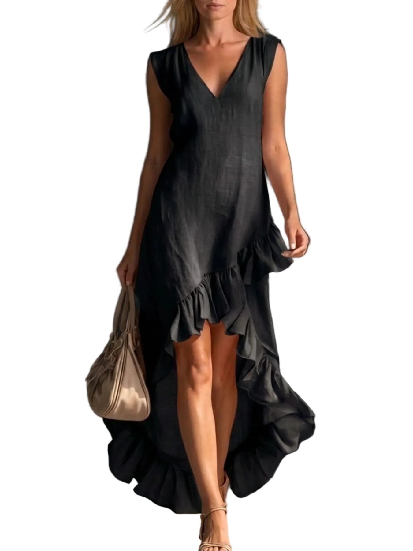 Women’s Sleeveless V-Neck High-Low Dress – Elegant Asymmetrical Ruffle Hem Flowing Midi Dress