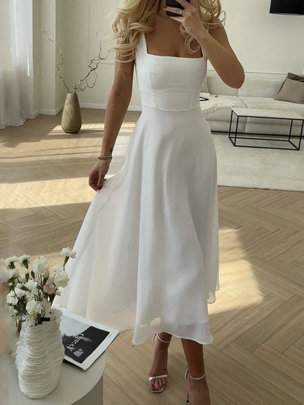 Women’s Elegant Square Neck Sleeveless Maxi Dress – Lightweight Woven Formal Vacation & Occasion Dress