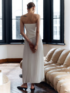 Women’s Elegant Pleated Split Maxi Dress – Sleeveless Slim Fit Collarless Occasion Dress