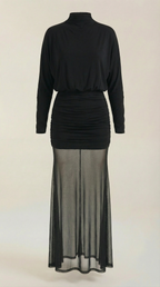 Sonya Ruched Mesh Maxi Dress – Sheer Flowing Statement Evening Dress